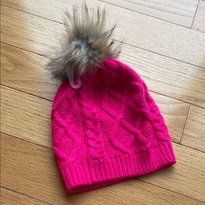 J. Crew Fuchsia Cable Knit Beanie with Faux Fur Pom-Pom